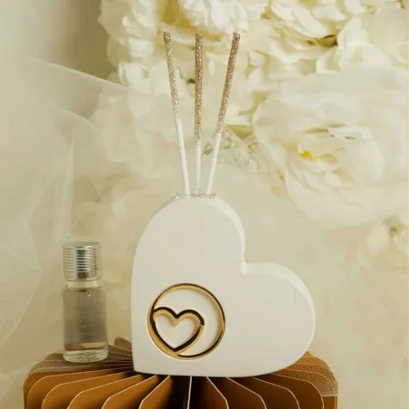 Bomboniera Claraluna Diffusore Profumo con Cuore Oro – Personalizzato (Essenza + Bacchette + Scatola a Scelta Inclusa)
