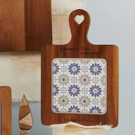 Bomboniera Claraluna Tagliere in Acacia Decoro Fiori Blu Personalizzato