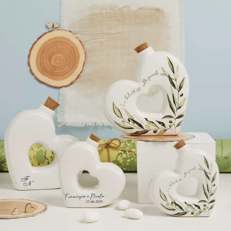 Bomboniera Claraluna Linea Ulivo Oliera Cuore in Porcellana 100 ml Personalizzata (Senza Olio)