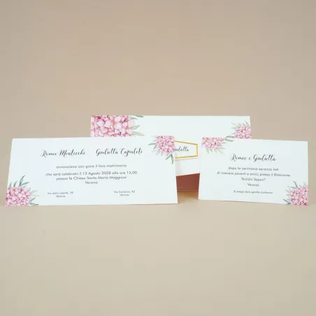 Partecipazione Matrimonio “Ortensie Rosa & Tasca Cipria”