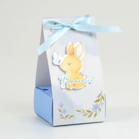Scatolina Nascita Coniglietto Magnete Plex Fiocco Celeste