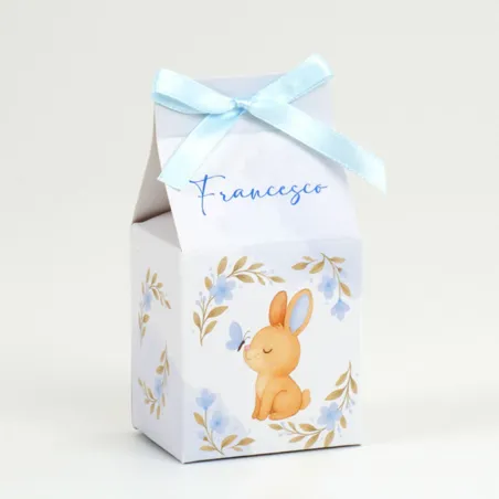 Scatolina Quadrata Nascita Coniglietto Fiocco Celeste Confetti
