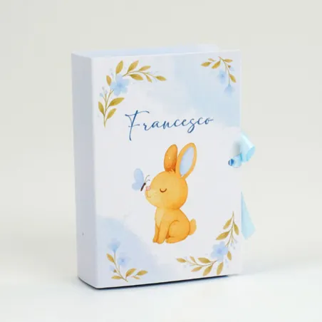 Scatolina Libro Nascita Coniglietto Fiocco Celeste con Confetti