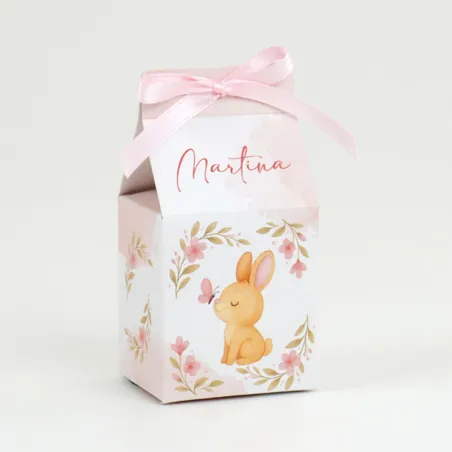Scatolina Quadrata Nascita Bimba Coniglietto Fiocco Rosa