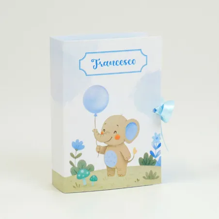 Scatolina Libro Nascita Elefantino Fiocco Celeste con Confetti