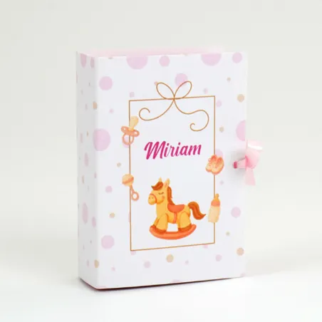 Scatolina Libro Nascita Cavalluccio Fiocco Rosa con Confetti