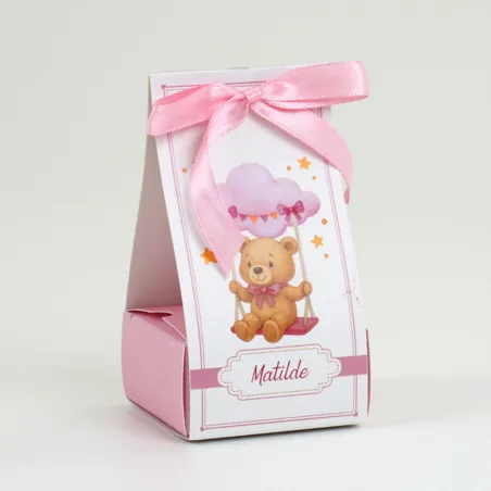 Scatolina Nascita Orsetto Fiocco Rosa con Confetti