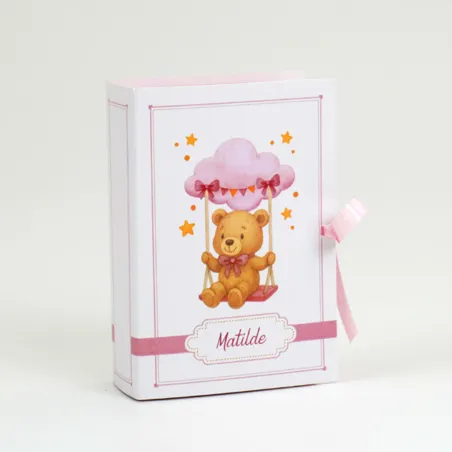 Scatolina Libro Nascita Orsetto Fiocco Rosa con Confetti
