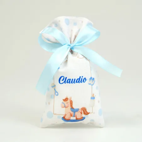 Sacchetto Nascita Cavalluccio Pois Cotone Fiocco Celeste