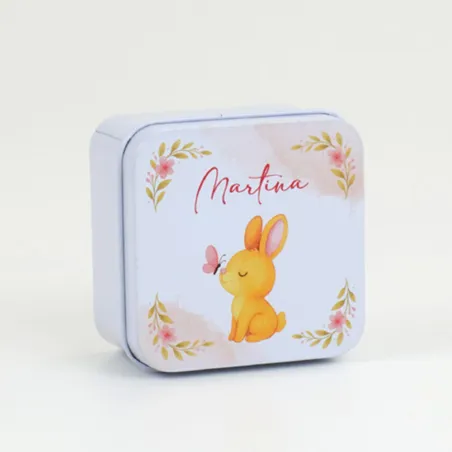 Scatolina Quadrata Alluminio Nascita Coniglietto Rosa