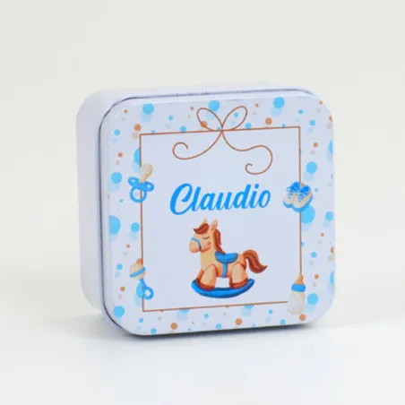 Scatolina Quadrata Alluminio Nascita Cavalluccino Celeste