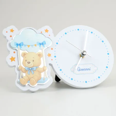 Orologio Battesimo in Forex e Plexiglass – Orsetto con Stelline Celeste (Personalizzabile)