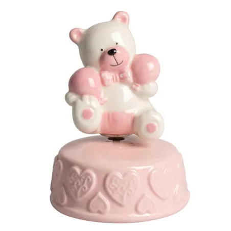 Bomboniera Nascita e Battesimo Carillon Orsetta Rosa in Porcellana con Sacchetto e Box Cilindro