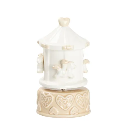 Bomboniera Prima Comunione Carillon in Porcellana con Giostrina Cavalli Tortora + Sacchetto Bianco e Scatola