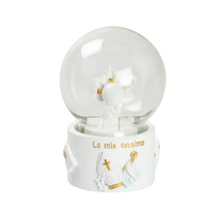 Bomboniera Prima Cresima Sfera in Vetro con Bimbo e Base Bianca in Resina Dettagli Oro + Sacchetto Bianco e Scatola
