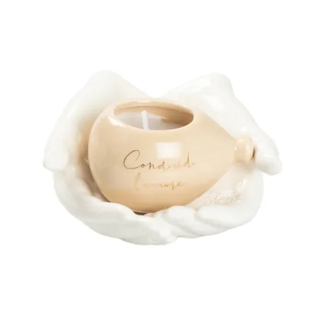 Bomboniera Matrimonio Mani in Porcellana con Candela Profumata Palloncino Tortora e Frase – Con Sacchetto, Scatola