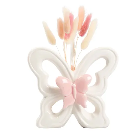 Bomboniera Matrimonio Profumatore Farfalla in Porcellana Bianca e Rosa Con Pampas – Senza Essenza | Con Sacchetto, Scatola