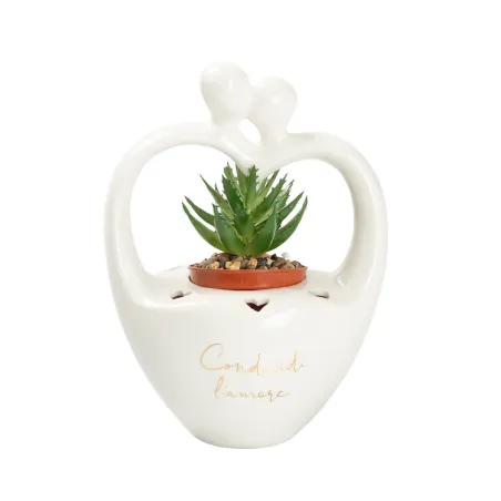 Bomboniera Matrimonio Porta Piantina in Porcellana Bianca con Coppietta – Piantina Inclusa e Frase | Con Sacchetto, Scatola