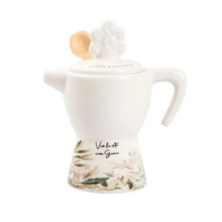 Bomboniera Matrimonio Zuccheriera in Porcellana con Decoro Foglie e Cucchiaino in Legno – Con Sacchetto Bianco, Scatola