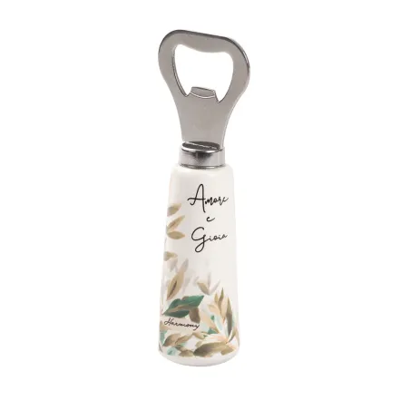 Bomboniera Matrimonio Apribottiglia in Porcellana con Decoro Foglie e Frase – Con Sacchetto Bianco, Scatola