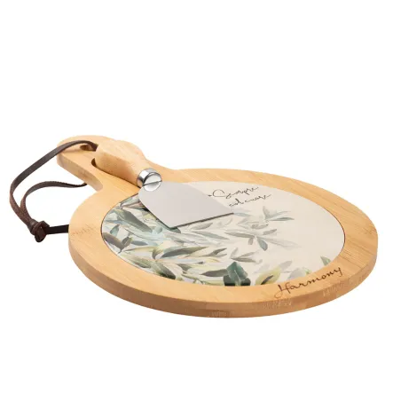 Bomboniera Matrimonio Tagliere Tondo in Legno e Porcellana con Decoro Foglie e Coltellino – Con Sacchetto Bianco, Scatola