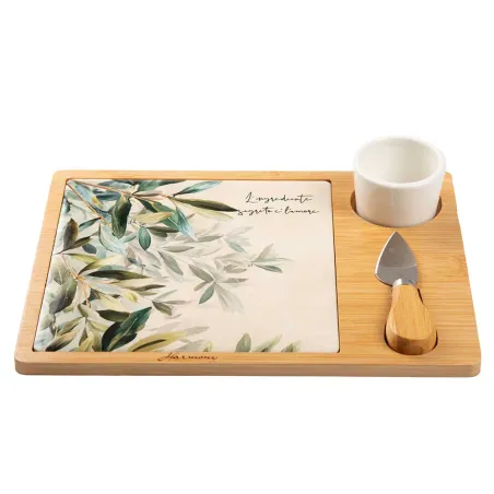 Bomboniera Matrimonio Tagliere Rettangolare in Legno con Decoro Foglie, Coltellino e Ciotolina – Con Sacchetto Bianco, Scatola