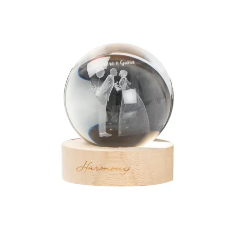 Bomboniera Matrimonio Sfera in Vetro con Coppia e Fiori – Base in Legno con Filo, Sacchetto Bianco, Scatola