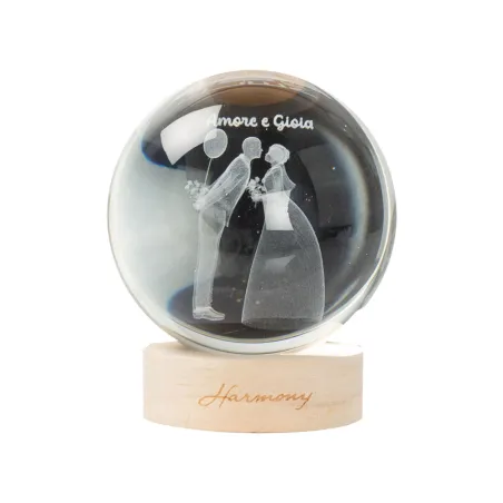 Bomboniera Matrimonio Sfera in Vetro “Coppia con Fiori” – Base in Legno con Filo, Sacchetto Bianco, Scatola
