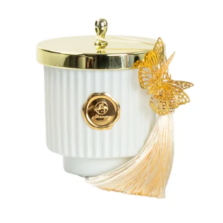 Bomboniera Matrimonio Candela Profumata in Vetro Bianca con Coperchio Oro e Farfalla con Nappina – Sacchetto, Confetti e Scatola