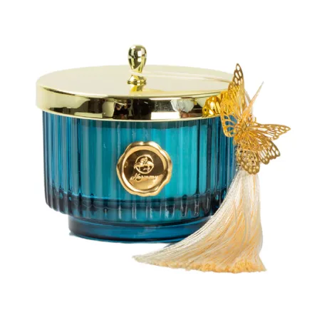 Bomboniera Matrimonio Candela Piccola Profumata in Vetro Blu con Farfalla e Nappina – Sacchetto, Confetti e Scatola