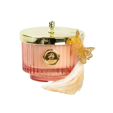 Bomboniera Matrimonio Candela Piccola Profumata in Vetro Peonia con Farfalla e Nappina – Sacchetto, Confetti e Scatola