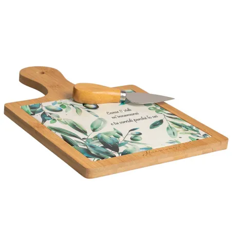 Bomboniera Matrimonio Tagliere Grande con Manico in Legno e Coltellino – Decoro Olive, Completa di Sacchetto, Confetti e Scatola