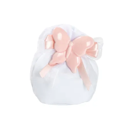 Sacchetto Matrimonio Bianco con Nastri e Magnete Farfalla Rosa in Porcellana – Con Confetti e Bigliettino Personalizzabile