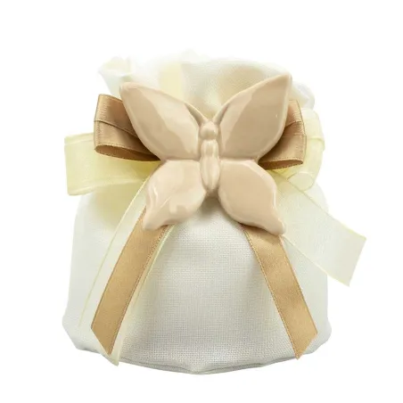 Sacchetto Matrimonio Tortora con Nastri e Magnete Farfalla Tortora in Porcellana – Con Confetti e Bigliettino Personalizzabile