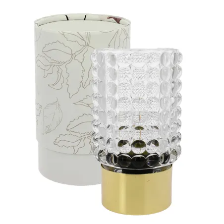 Bomboniera Matrimonio “Luce Pois Gold” – Lampada LED in Vetro Trasparente con Base Oro, Scatola e Confezione Personalizzabile