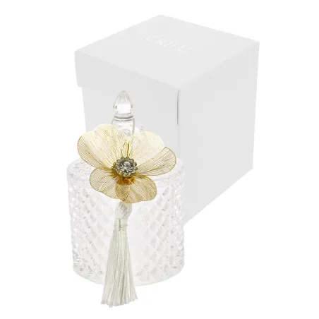 Bomboniera Matrimonio – Scatolina in Vetro Effetto Diamond con Coperchio, Nappina e Fiore Filigrana Oro con Strass con Scatola