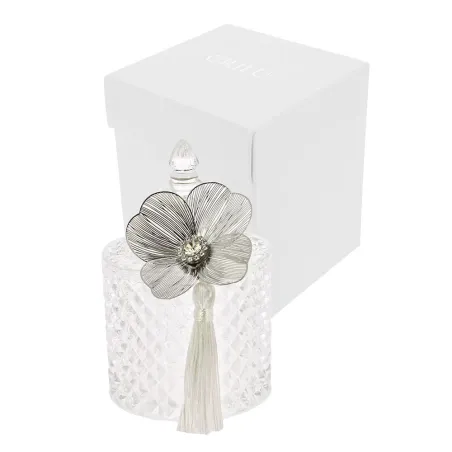 Bomboniera Matrimonio – Scatolina in Vetro Effetto Diamond con Coperchio, Nappina e Fiore Filigrana Argento con Strass e Scatola