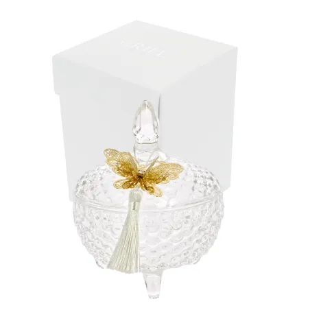 Bomboniera Matrimonio – Scatola Bohemia in Vetro con Coperchio e Piedino, Nappina e Farfalla Filigrana Oro con Strass e Scatola