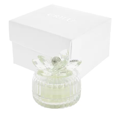 Bomboniera Matrimonio – Candela in Vetro Trasparente Rigato con Coperchio e Fiore Swarovski con Strass, Scatola