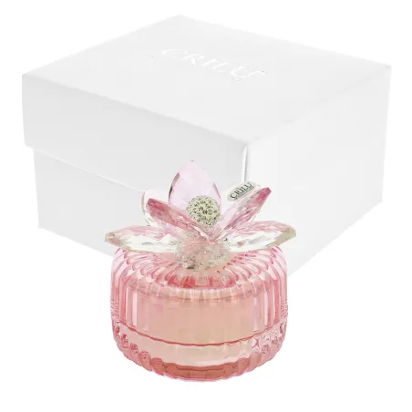 Bomboniera Matrimonio Candela Rigata Rosa in Vetro con Fiore Swarovski® e Strass – Scatola Inclusa