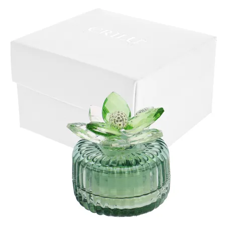 Bomboniera Matrimonio Candela Rigata Verde in Vetro con Fiore Swarovski® e Strass – Scatola Inclusa