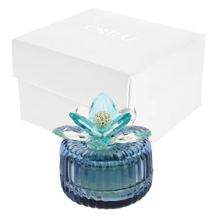 Bomboniera Matrimonio Candela Rigata Blu in Vetro con Fiore Swarovski® e Strass – Scatola Inclusa