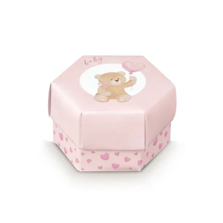 Scatolina Nascita e Battesimo Esagonale Porta Confetti Rosa con Orsetto e Palloncino