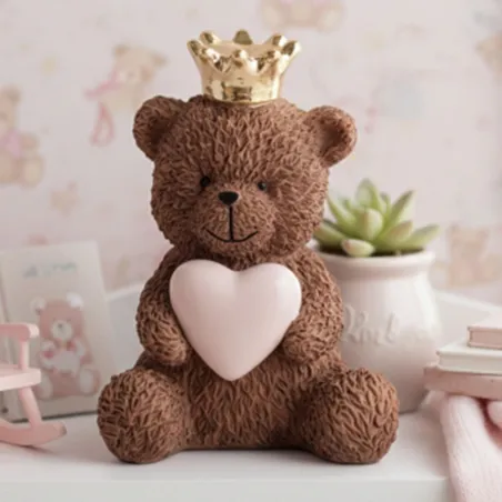 Bomboniera Battesimo Orsetto Teddy Brown con Corona Dorata e Cuore Rosa