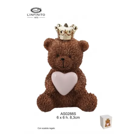 Bomboniera Battesimo Orsetto Teddy Brown con Corona Dorata e Cuore Rosa