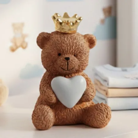 Bomboniera Battesimo Orsetto Teddy Brown con Corona Dorata e Cuore Celeste