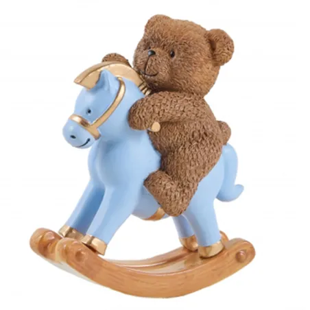 Bomboniera Battesimo Orsetto Teddy Brown su Cavalluccio a Dondolo Celeste e Dorato
