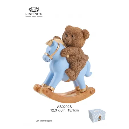 Bomboniera Battesimo Orsetto Teddy Brown su Cavalluccio a Dondolo Celeste e Dorato