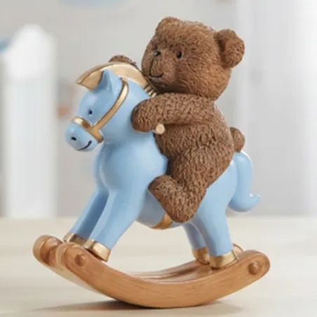 Bomboniera Battesimo Orsetto Teddy Brown su Cavalluccio a Dondolo Celeste e Dorato