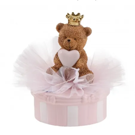 Bomboniera Battesimo Carillon Orsetto Teddy Brown con Corona Dorata e Cuore Rosa